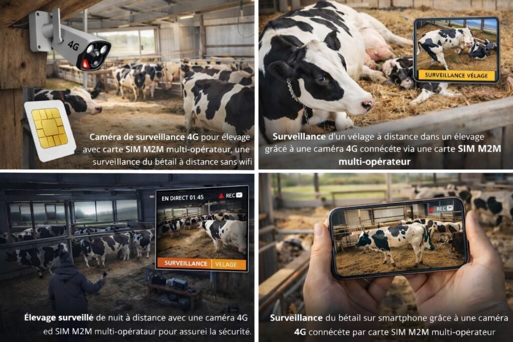 Surveillance d’un élevage agricole avec caméra 4G connectée via carte SIM M2M multi-opérateur permettant le suivi du vêlage et du bétail à distance sans wifi