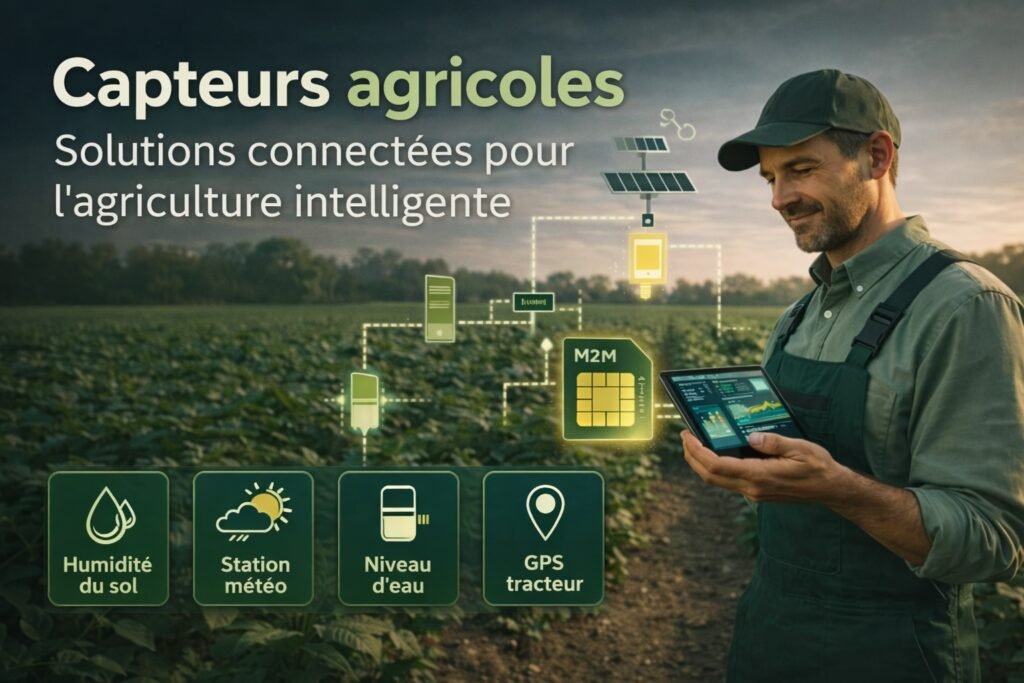 Capteurs agricoles connectés dans un champ avec tablette et carte SIM M2M pour agriculture intelligente : humidité du sol, station météo, niveau d’eau et GPS tracteur
