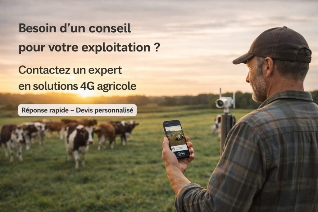 Agriculteur dans un champ surveillant son élevage sur smartphone grâce à une caméra 4G agricole connectée via carte SIM M2M multi-opérateur sans wifi