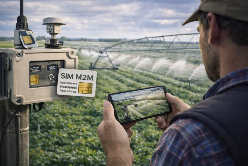 SIM M2M agriculture - Agriculteur contrôlant un système d’irrigation connecté avec une carte SIM M2M multi-opérateur sur smartphone en zone rurale sans wifi