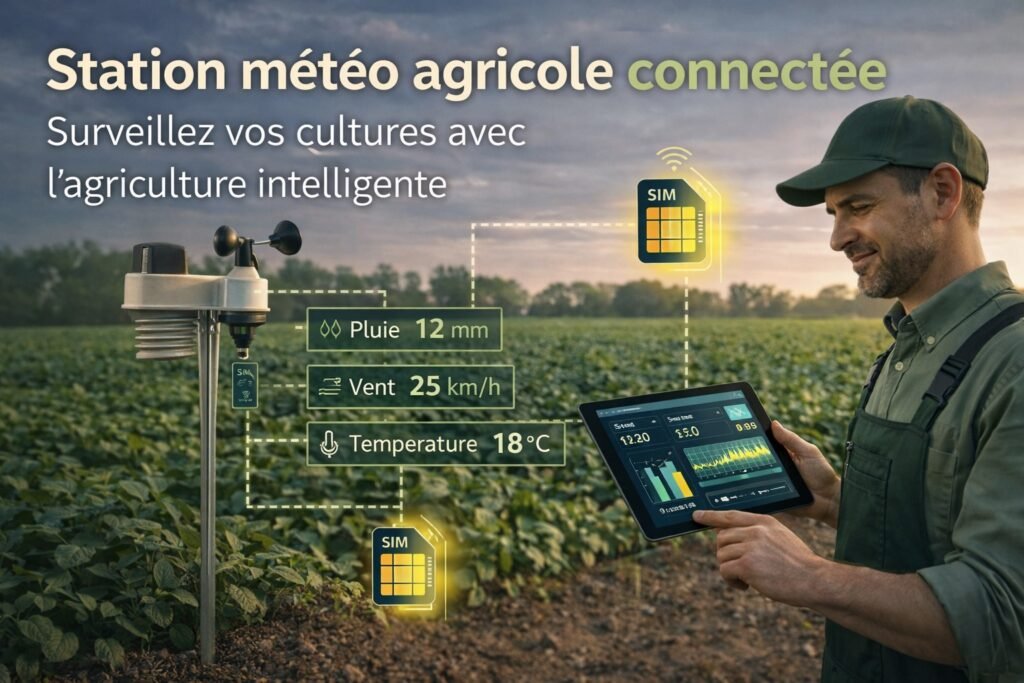 station météo agricole connectée IoT avec capteurs pluie vent température et SIM M2M pour pilotage irrigation et agriculture connectée