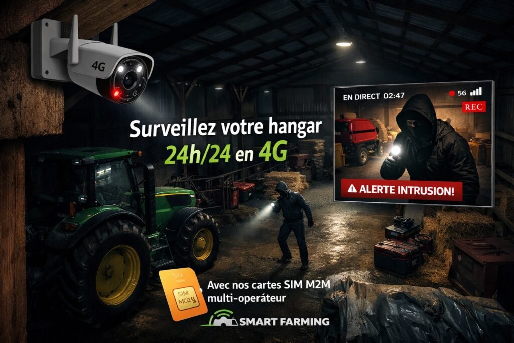 Caméra 4G de surveillance pour hangar agricole fonctionnant avec cartes SIM M2M multi-opérateur permettant une surveillance à distance 24h/24 sans wifi