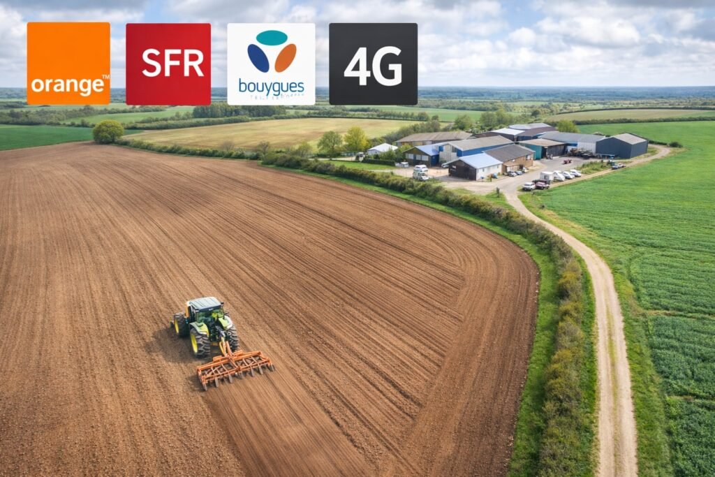 Tracteur agricole en pleine exploitation vu par drone avec système GPS sans réseau utilisant une carte SIM M2M multi-opérateur pour le suivi en temps réel en zone rurale