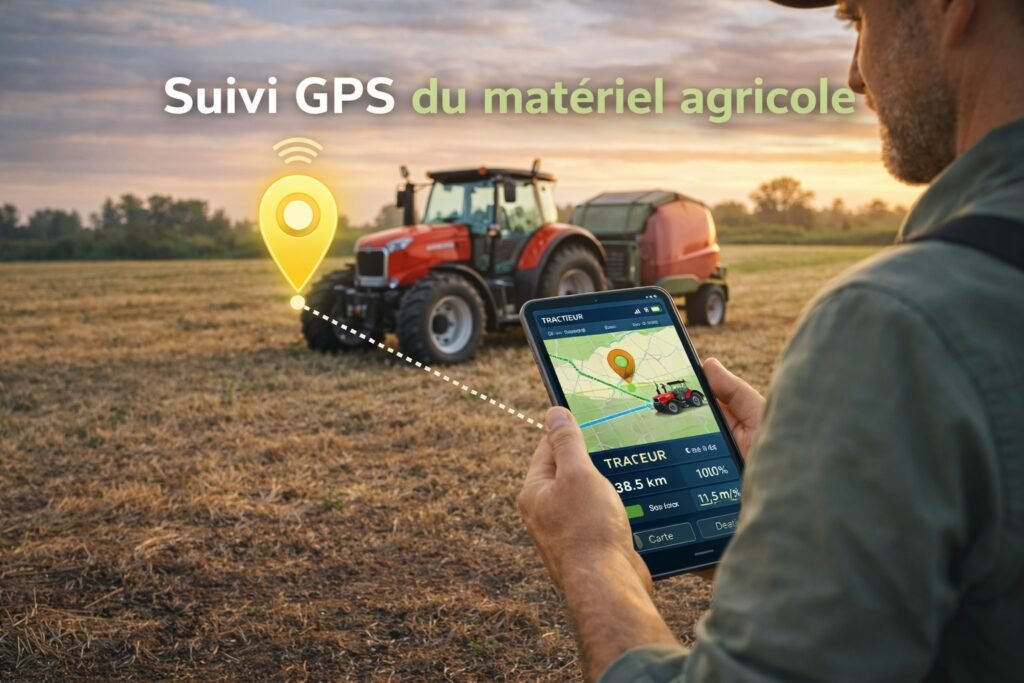 suivi gps matériel agricole en temps réel avec localisation tracteur sur carte mobile et système connecté pour sécurité et gestion de flotte agricole