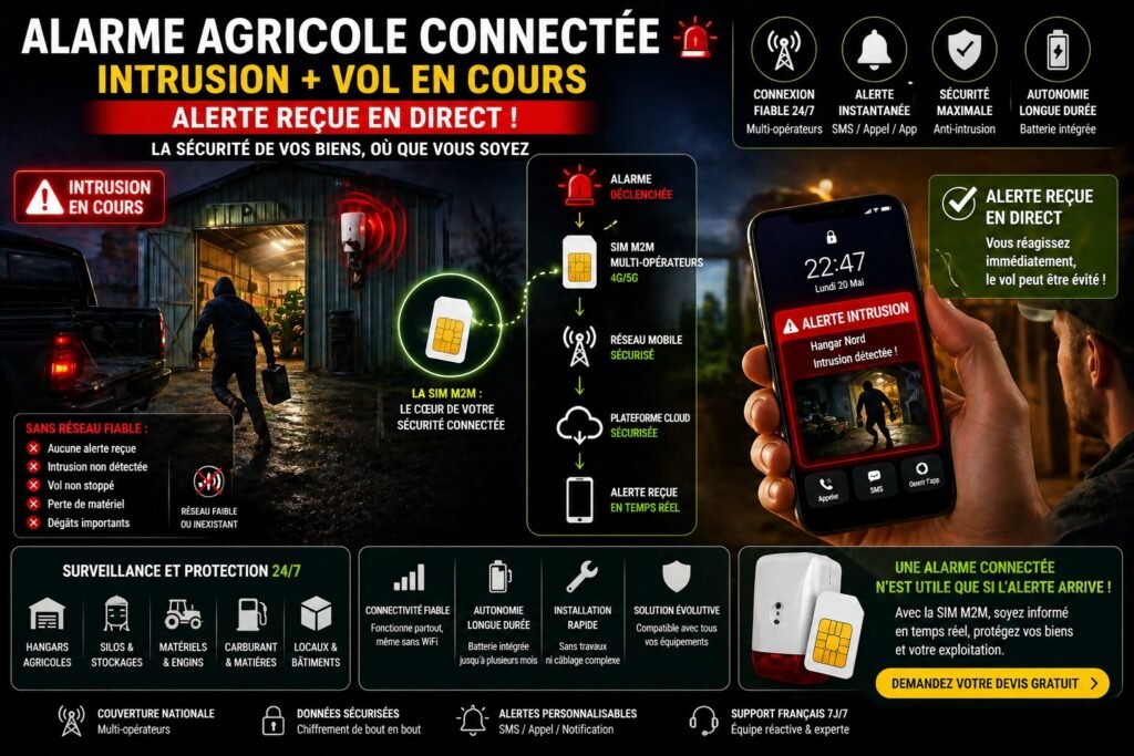 alarme agricole intrusion vol hangar alerte smartphone temps réel carte SIM M2M sécurité exploitation agricole sans wifi