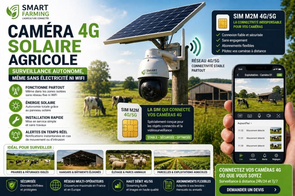 solution caméra 4G solaire agriculture avec carte SIM M2M surveillance exploitation agricole sans électricité sans wifi accès à distance smartphone IoT connectivité stable