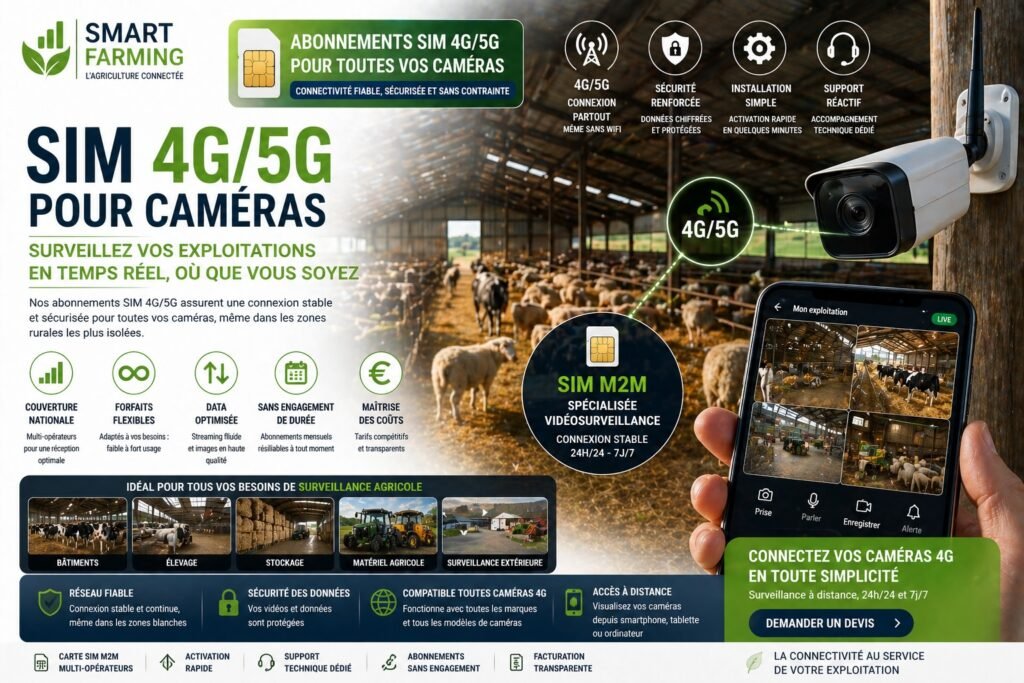 carte SIM M2M 4G 5G pour caméra agricole élevage surveillance ferme accès à distance sans wifi connectivité stable IoT exploitation agricole