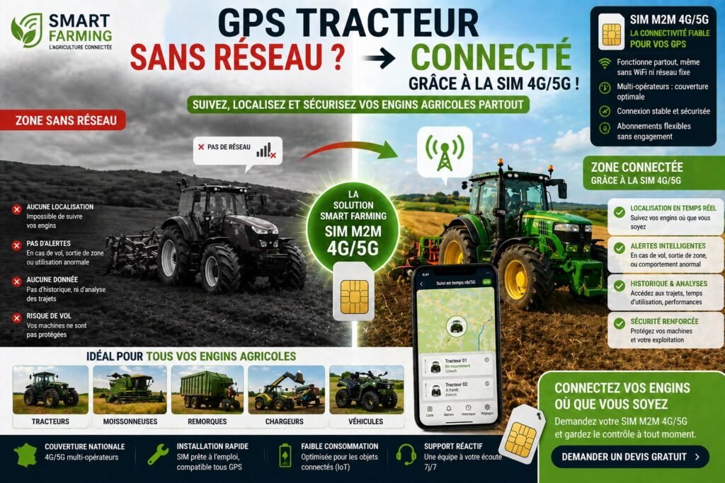 solution GPS tracteur sans réseau grâce carte SIM M2M 4G 5G géolocalisation engins agricoles suivi en temps réel zones isolées sans wifi