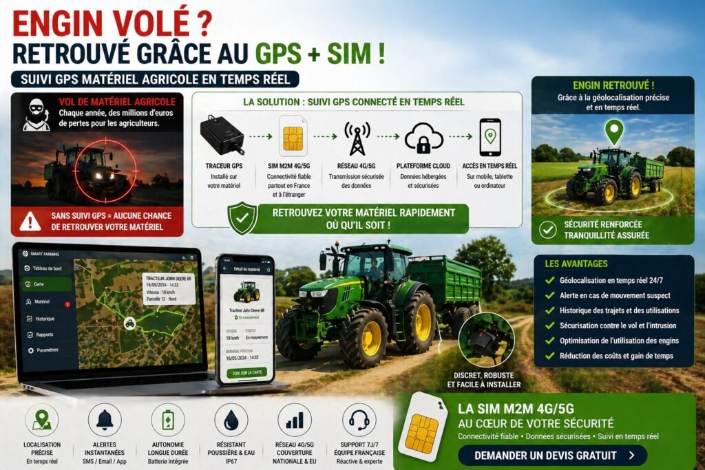 solution suivi GPS matériel agricole carte SIM M2M engin volé retrouvé géolocalisation tracteur en temps réel sécurité exploitation agricole anti vol